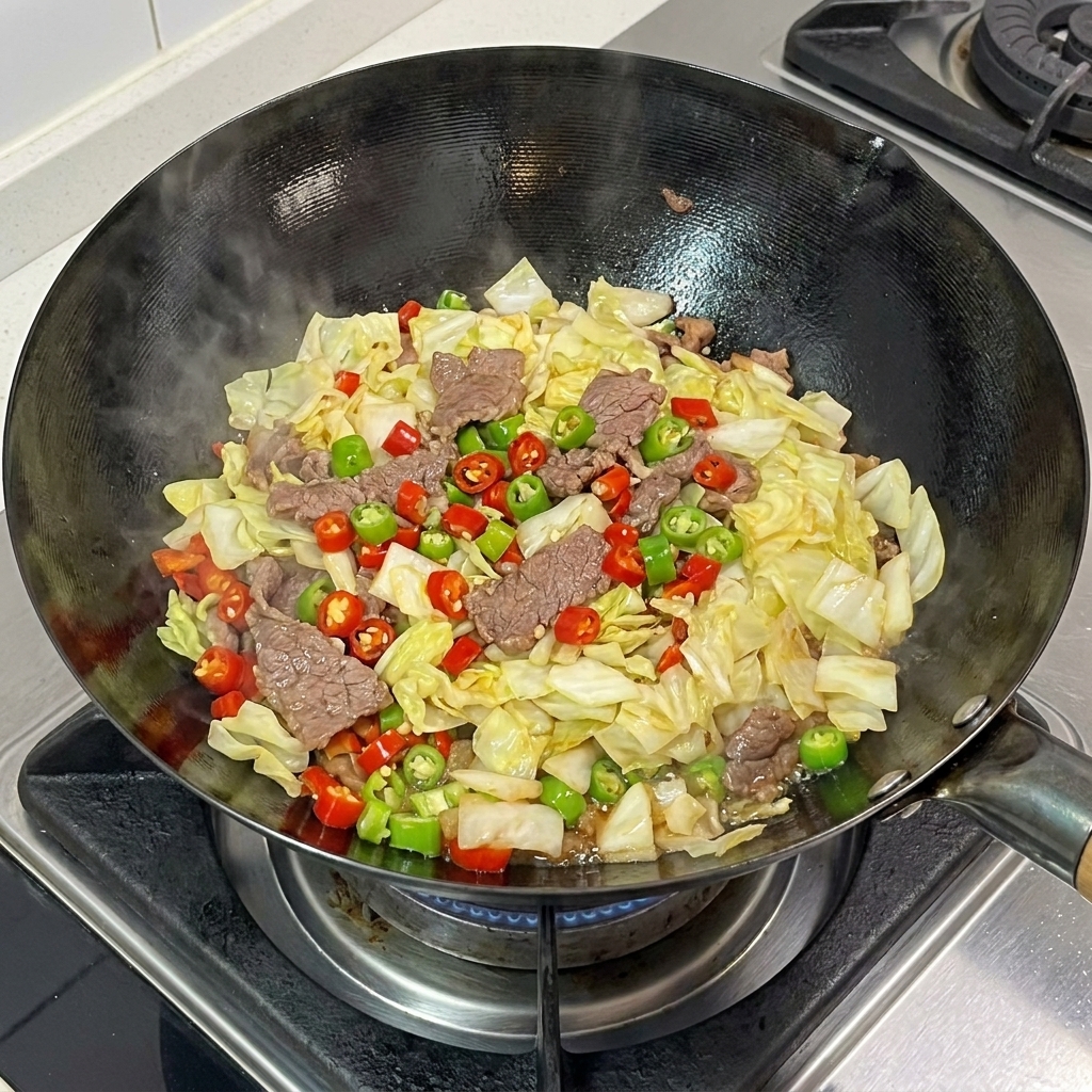 Una grande porzione di crauti cotti aggiunta nel wok sopra il mix di maiale e peperoncino condito.