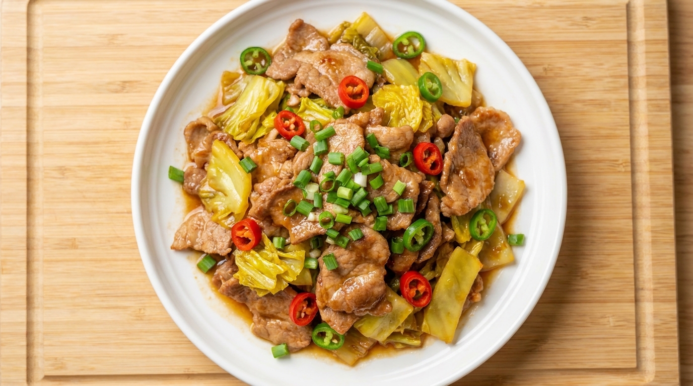 Un piatto di crauti e maiale saltati, conditi con peperoncino e cipollotti.