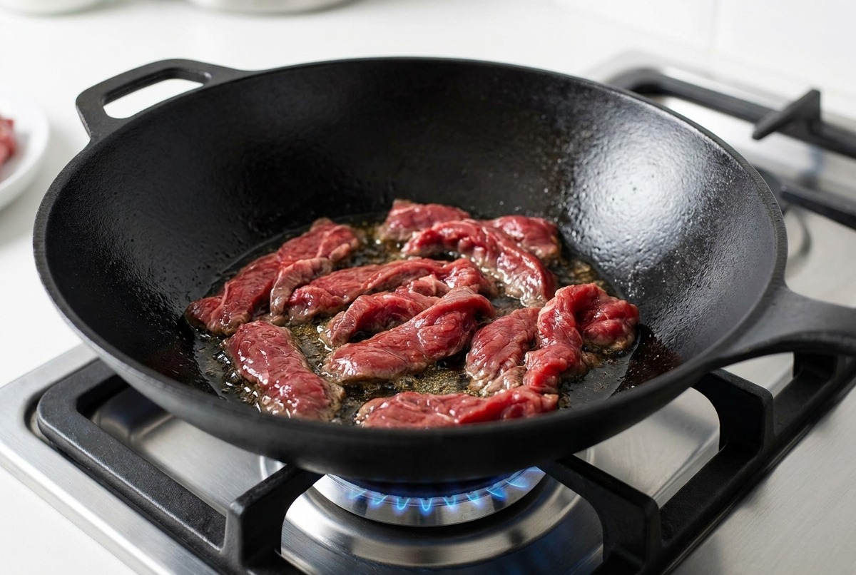 Fette di manzo marinate che sfrigolano in un wok in ghisa ben caldo.
