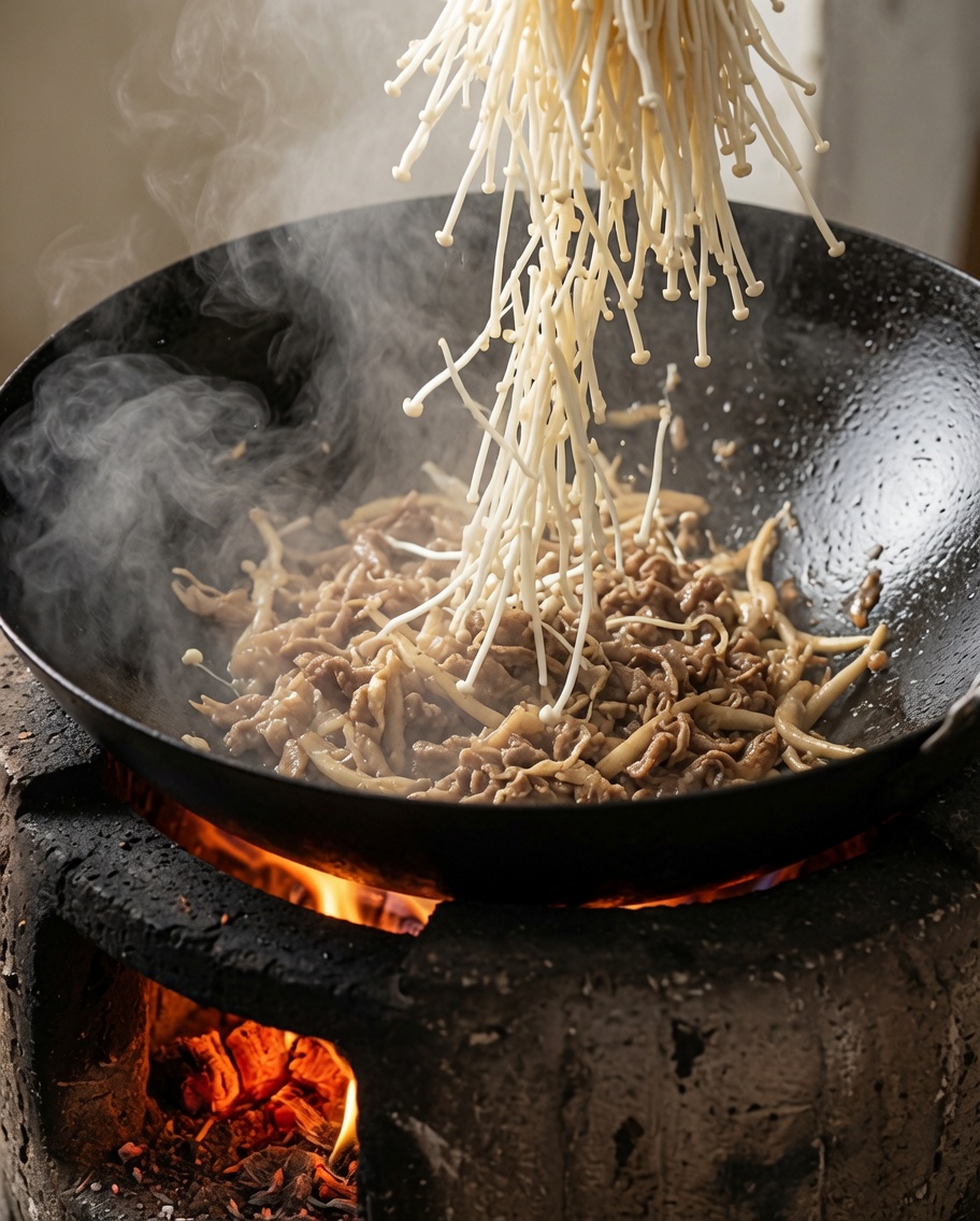 Un mazzetto di funghi enoki freschi aggiunto al manzo e alle cipolle nel wok.