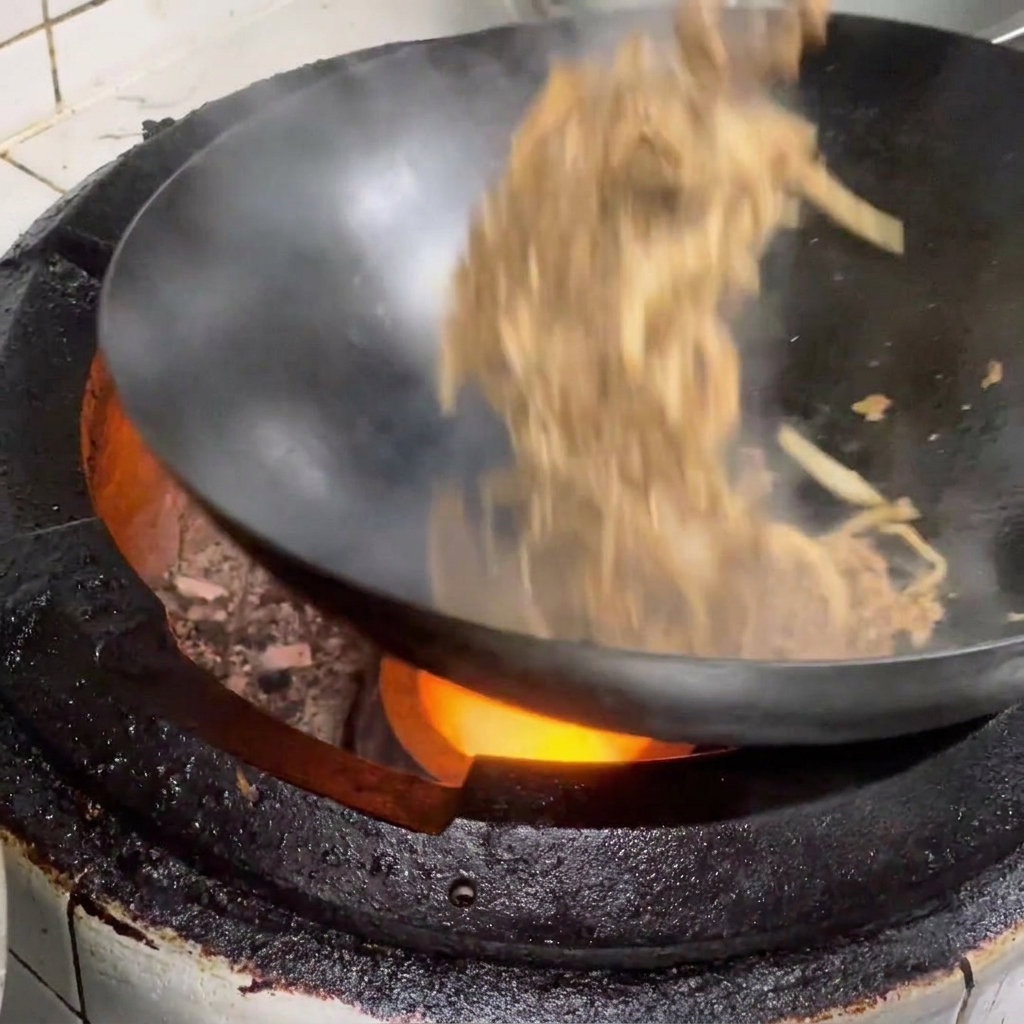 Il composto di manzo e funghi che viene servito sopra il riso bianco in una ciotola tradizionale.