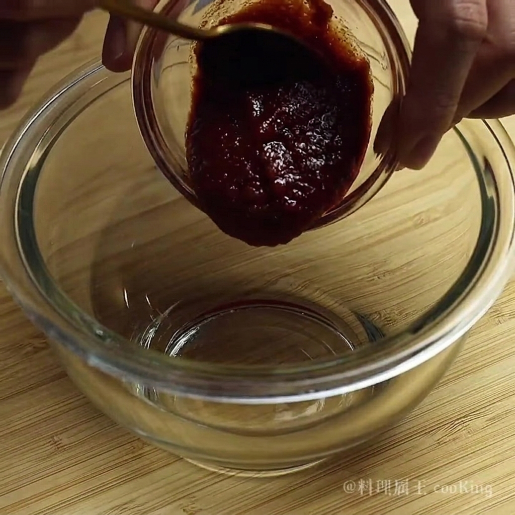 Una piccola ciotola di vetro riempita con una miscela di salsa rossa densa mescolata con un cucchiaio.