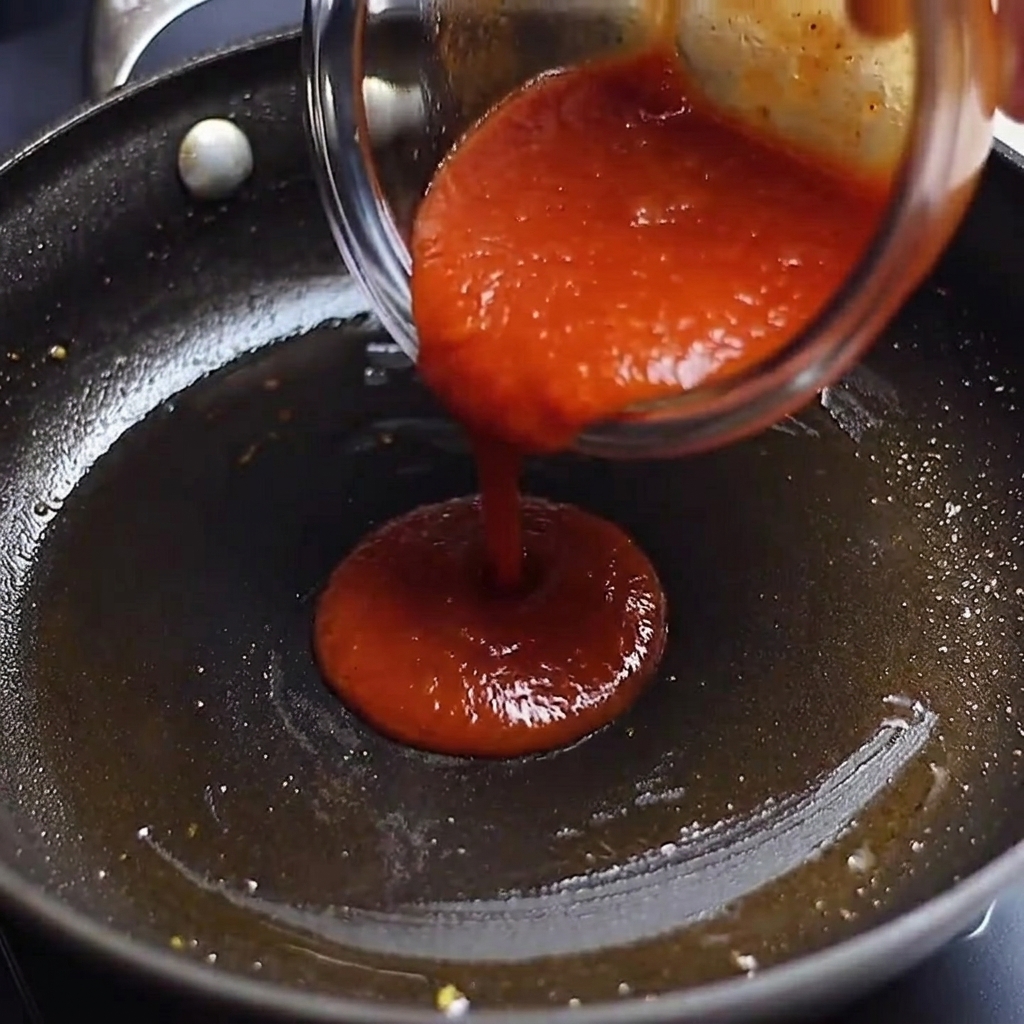 La miscela di salsa preparata versata in una padella, pronta per essere portata a bollore.
