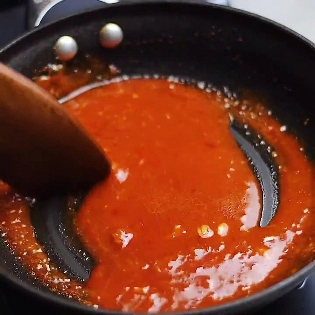 Strisce di pancetta di maiale rosolate ricoperte da una densa salsa rossa che sobbolle in una padella.