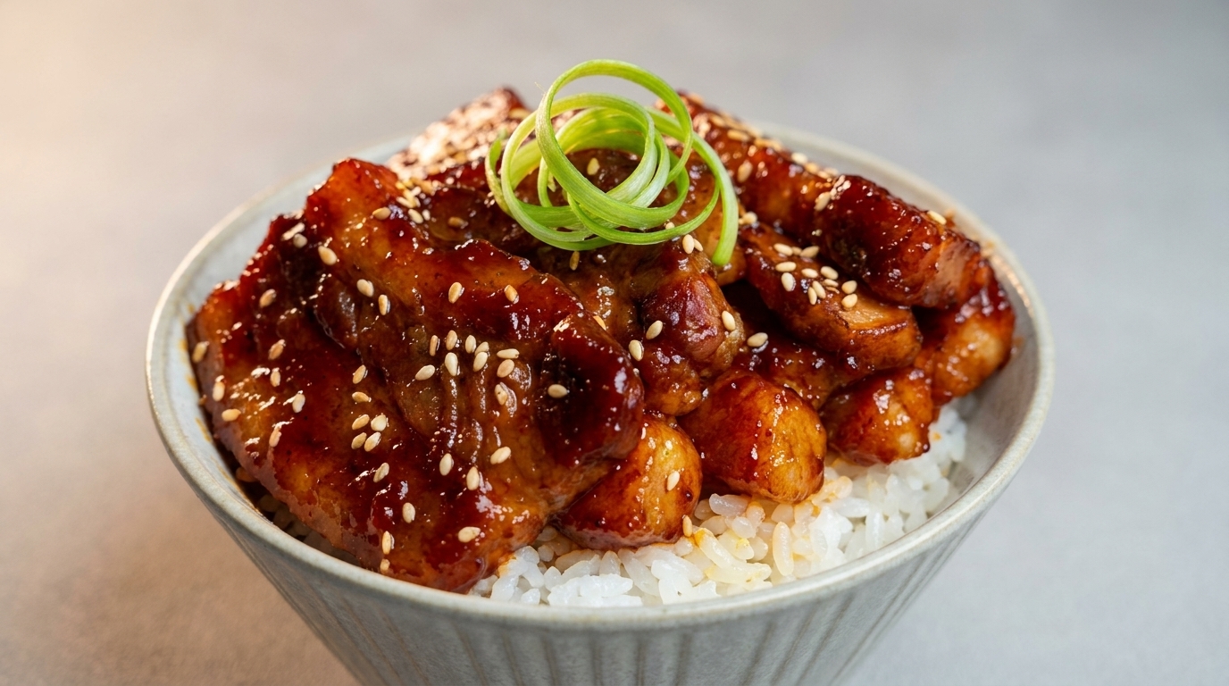 Bowl di Riso con Pancetta di Maiale Glassata in Stile Coreano