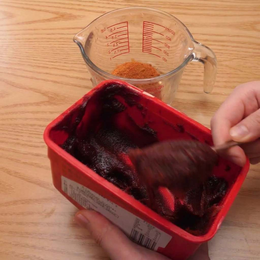 Un misurino di vetro con peperoncino in polvere, pasta di peperoncino coreana e altri condimenti, mentre viene versata la Sprite.