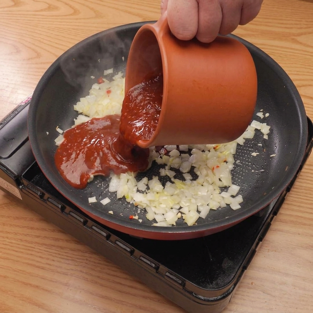 Un composto di salsa rosso scuro versato in una padella con aromi saltati, in cottura a fuoco lento.