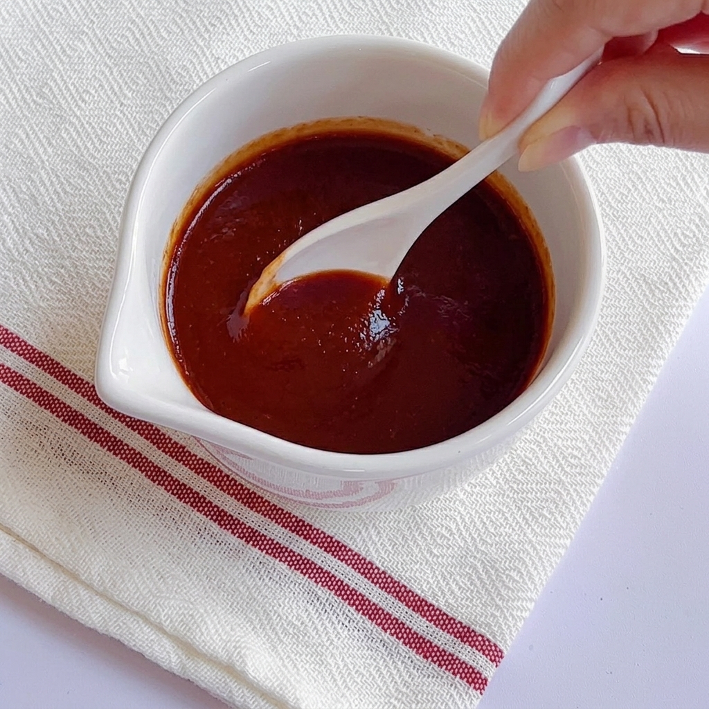 Primo piano di un cucchiaio bianco che mescola una salsa densa rosso scuro in una ciotolina bianca.