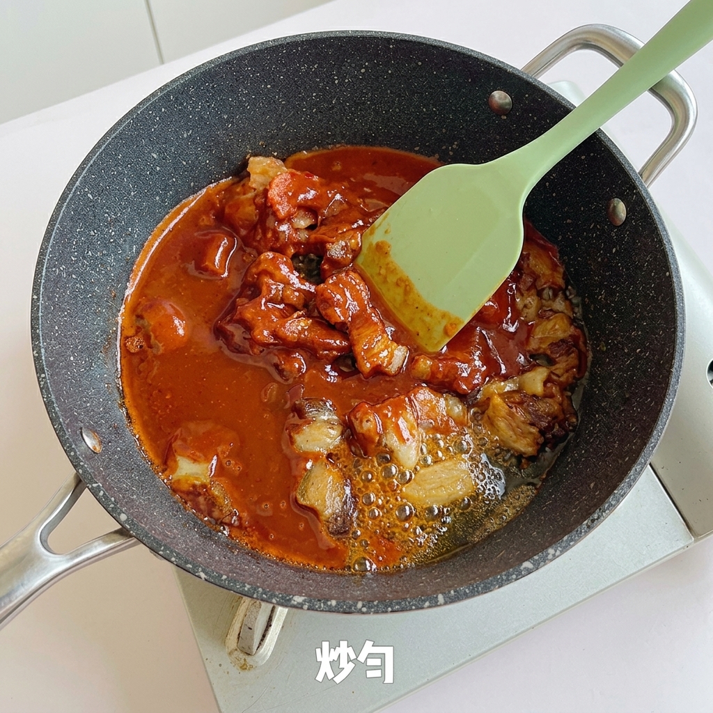 Pancetta e kimchi saltati con la salsa in padella usando una spatola verde chiaro.
