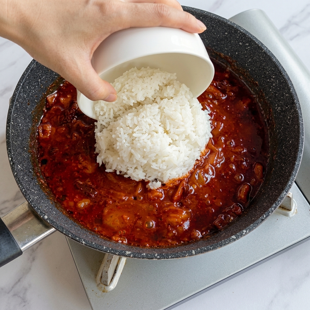 Una ciotola di riso bianco aggiunta in una padella con pancetta e kimchi.