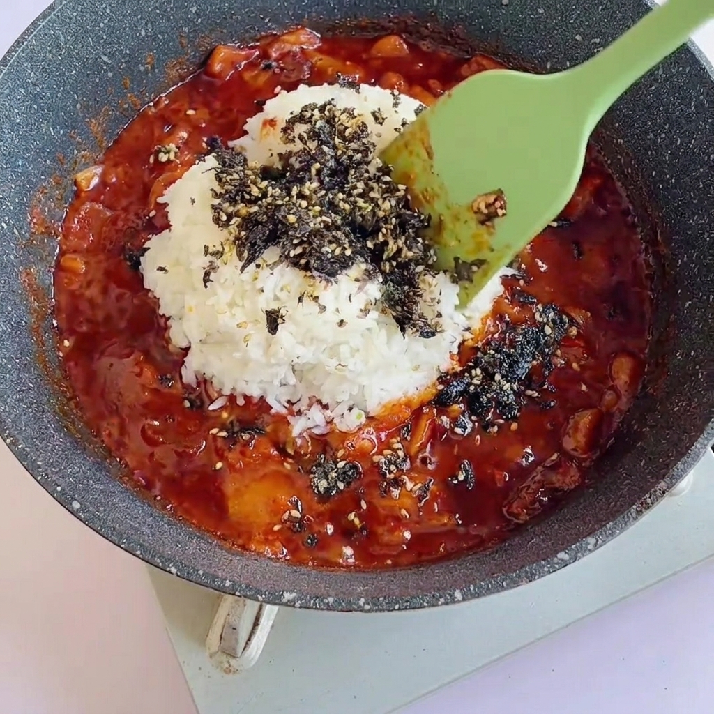 Riso saltato mescolato con salsa e alghe in una padella usando una spatola verde.