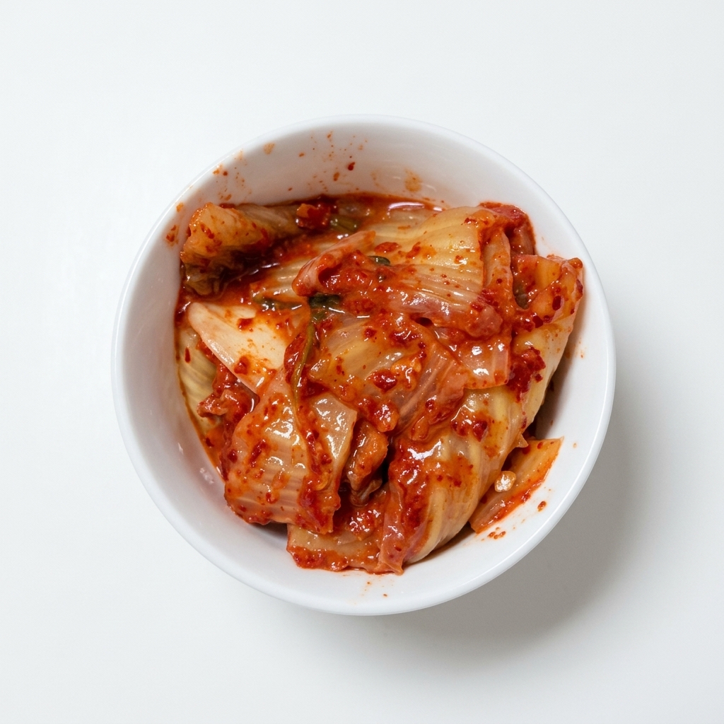 Un paio di forbici da cucina tagliano il kimchi rosso e piccante in una ciotola bianca.