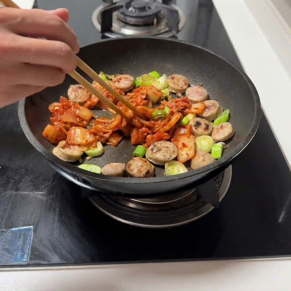 Il kimchi tagliato che viene mescolato nella padella con la salsiccia e gli aromi.