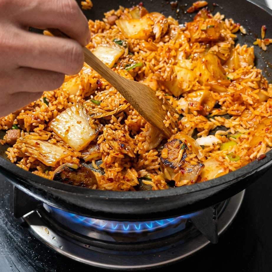 Riso al vapore che viene mescolato con kimchi, carne e salsa usando una spatola di legno in una padella calda.