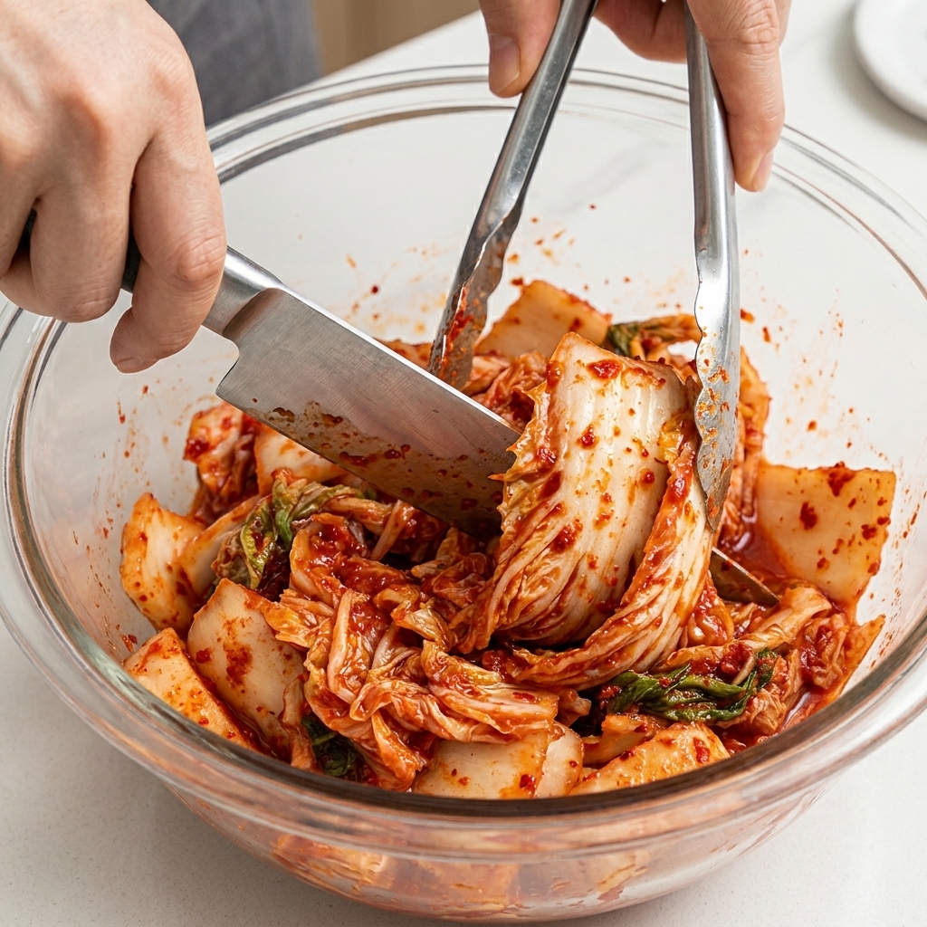 Pezzi di kimchi acido tagliati con forbici da cucina dentro una ciotola di vetro.