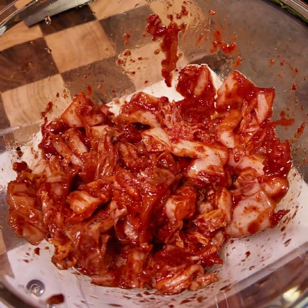 Una ciotola di vetro contenente il kimchi condito con vari ingredienti liquidi e in polvere.