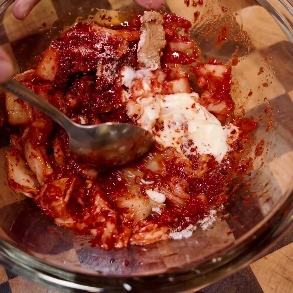 Il composto di kimchi e condimenti mescolato insieme in una ciotola.