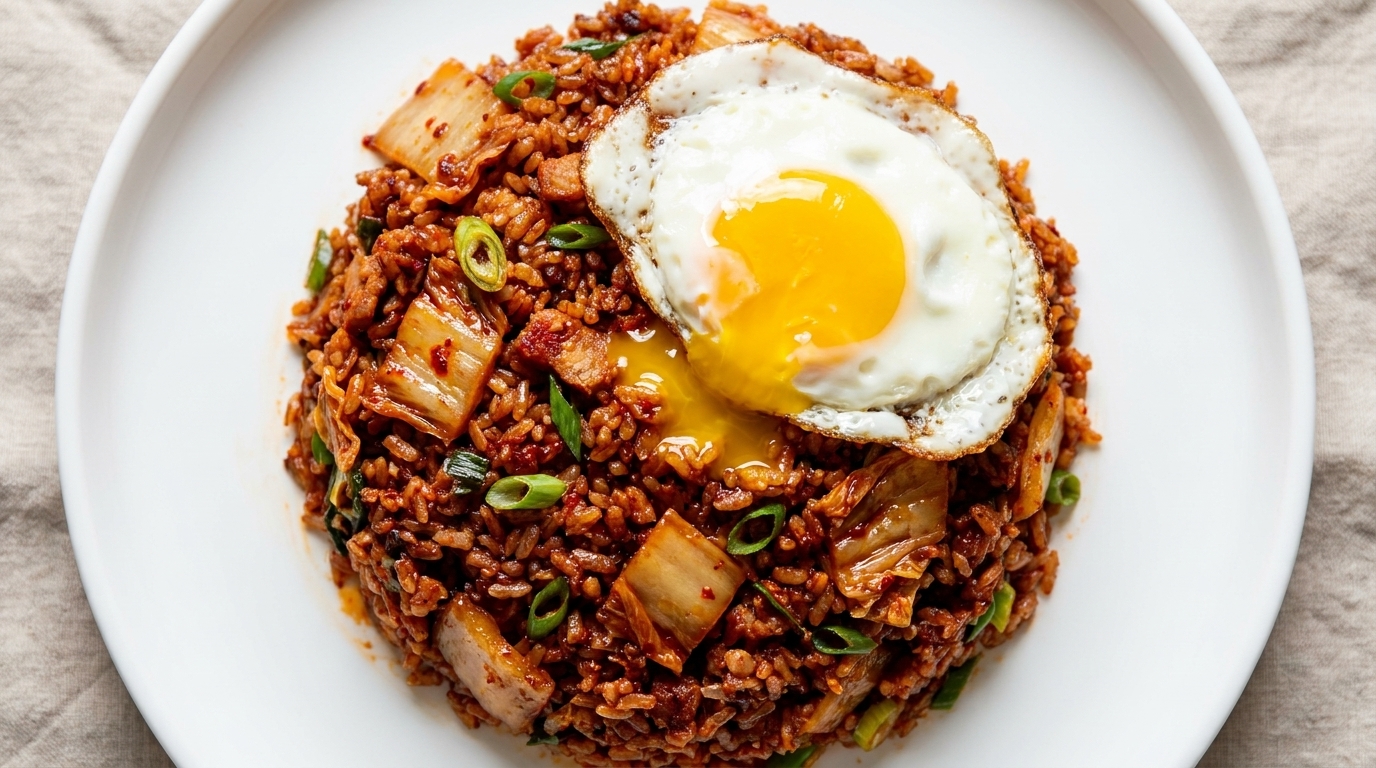Un vibrante piatto di autentico riso saltato al kimchi coreano, lucido e guarnito con un uovo fritto allocchio di bue.