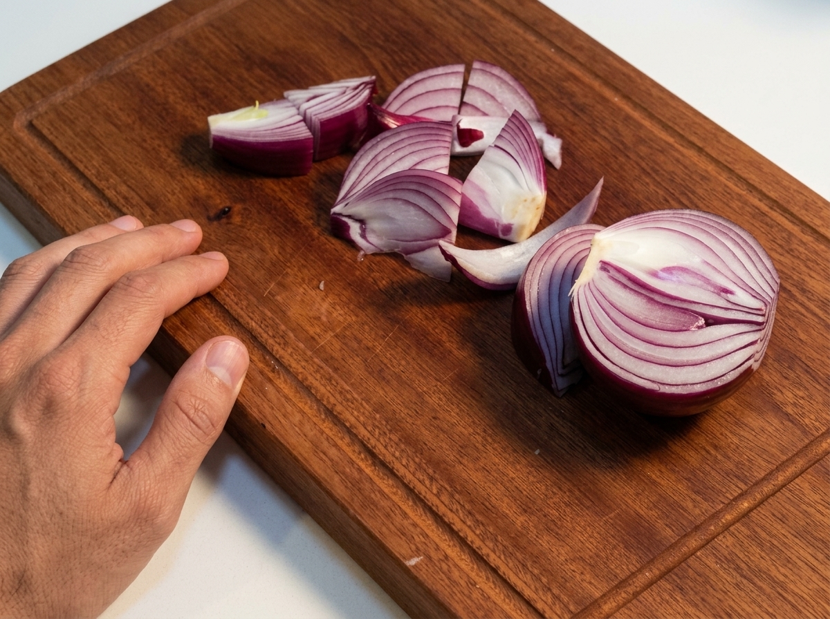 Una cipolla rossa tagliata a pezzi su un tagliere di legno.