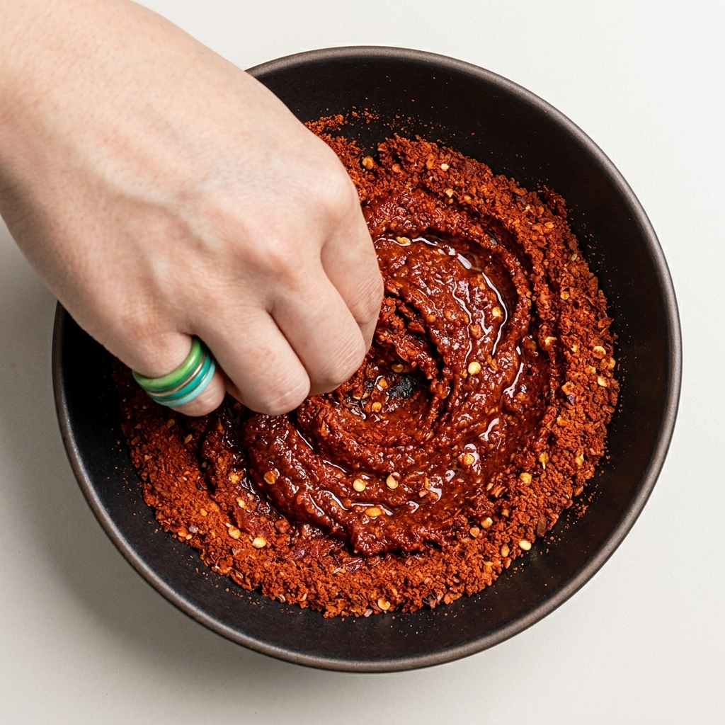 Fiocchi di peperoncino rosso incorporati in una densa pasta di riso glutinoso raffreddata usando una mano guantata.
