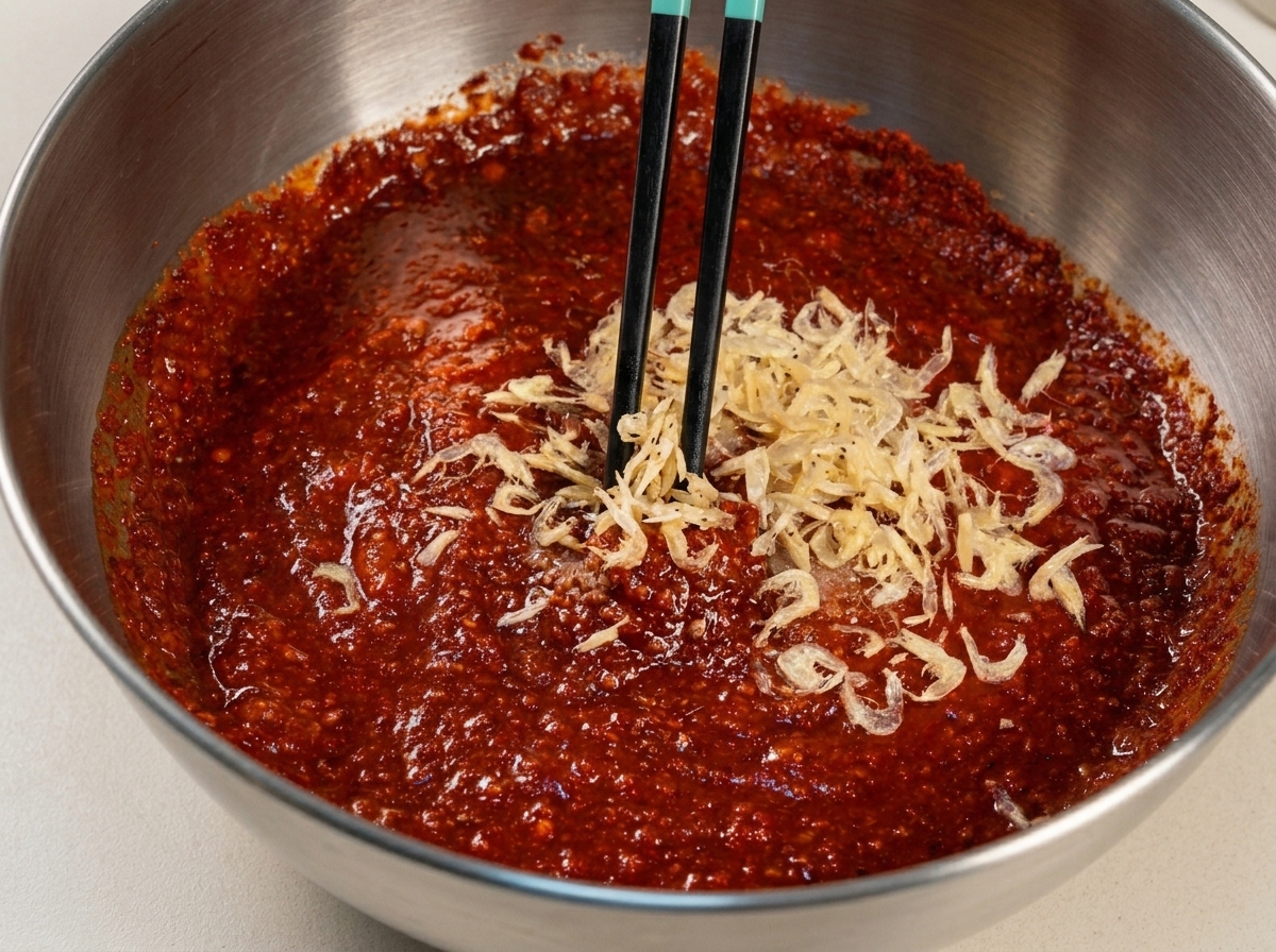 Gamberetti secchi e condimenti mescolati in una ricca pasta di peperoncino rosso per kimchi usando delle bacchette.