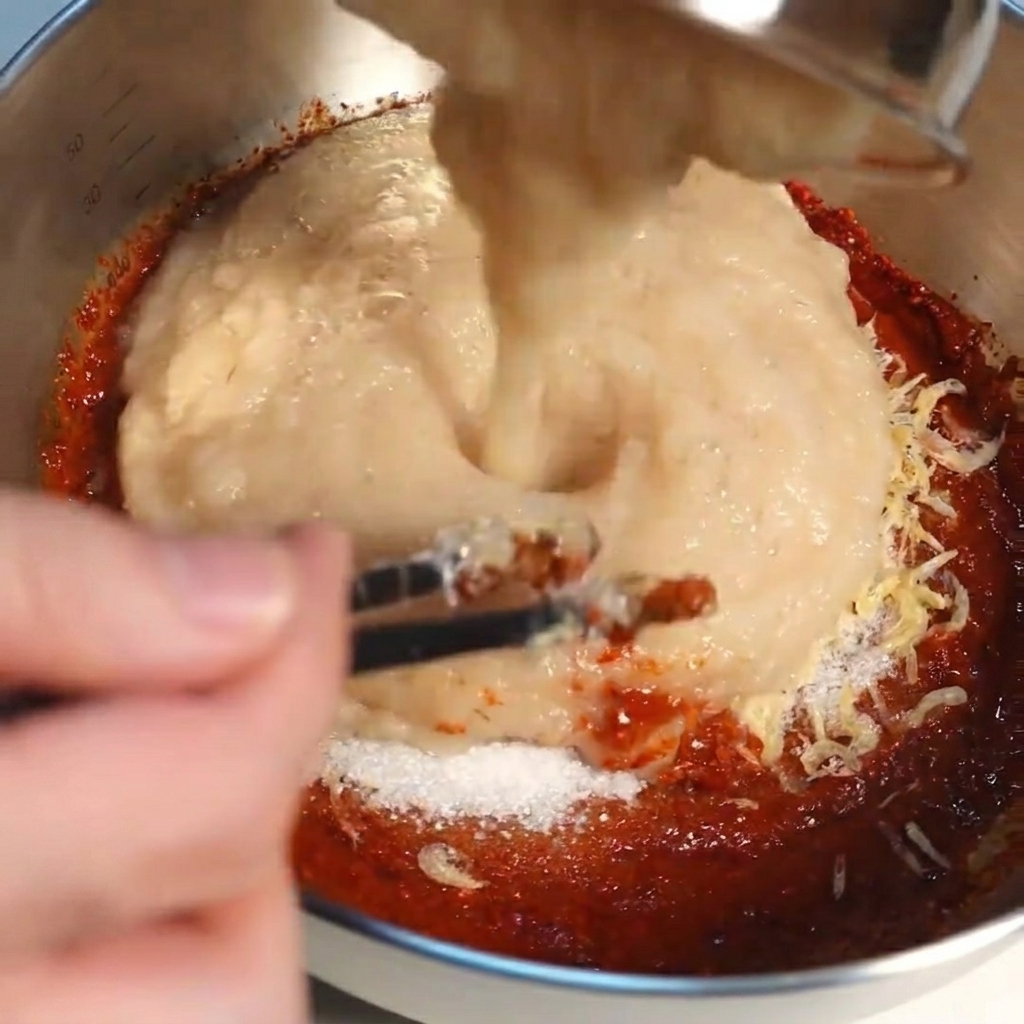Una purea liscia di frutta e verdura versata in una grande ciotola contenente pasta di spezie rosse per kimchi.