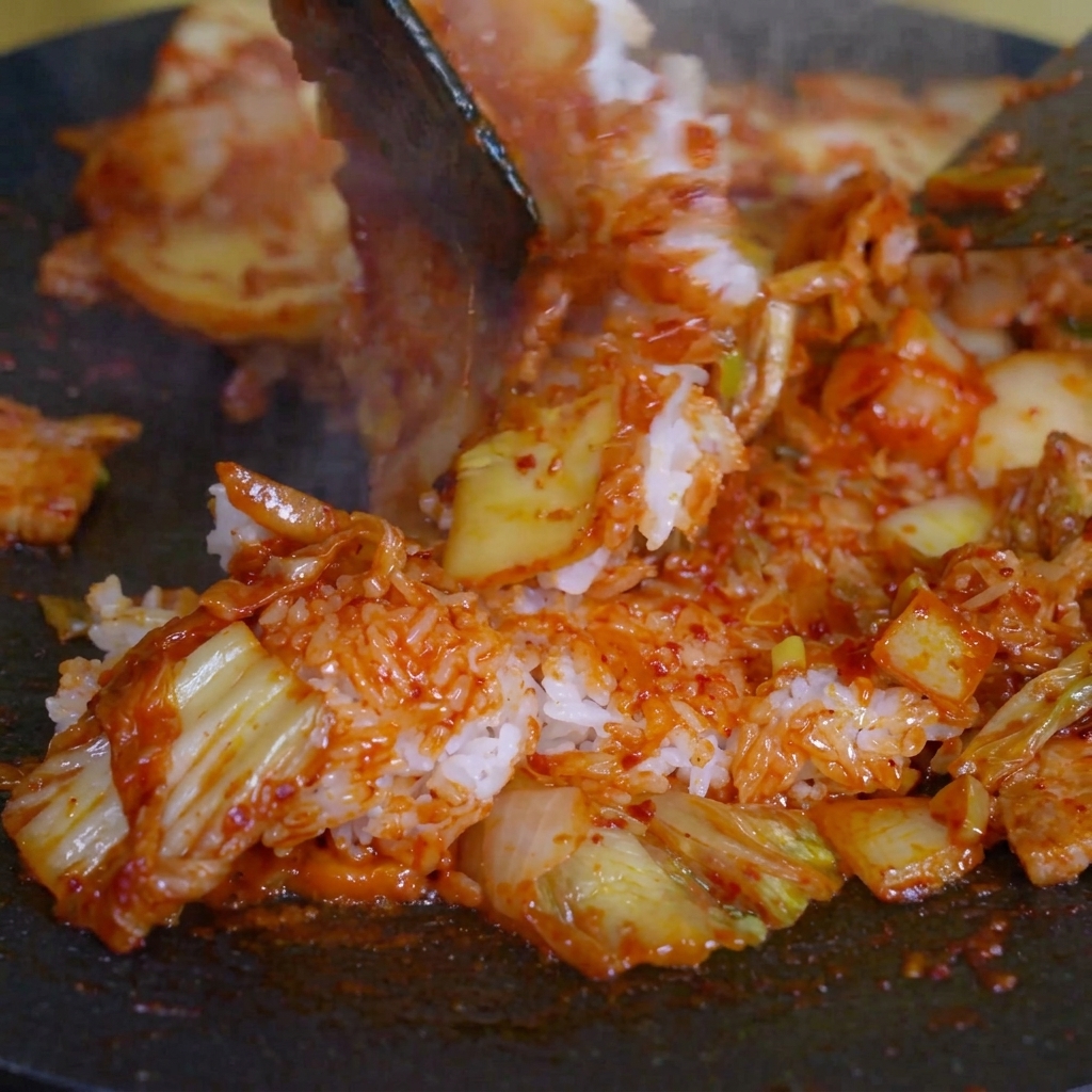 Un primo piano del riso e del kimchi mescolati insieme in padella con due spatole.