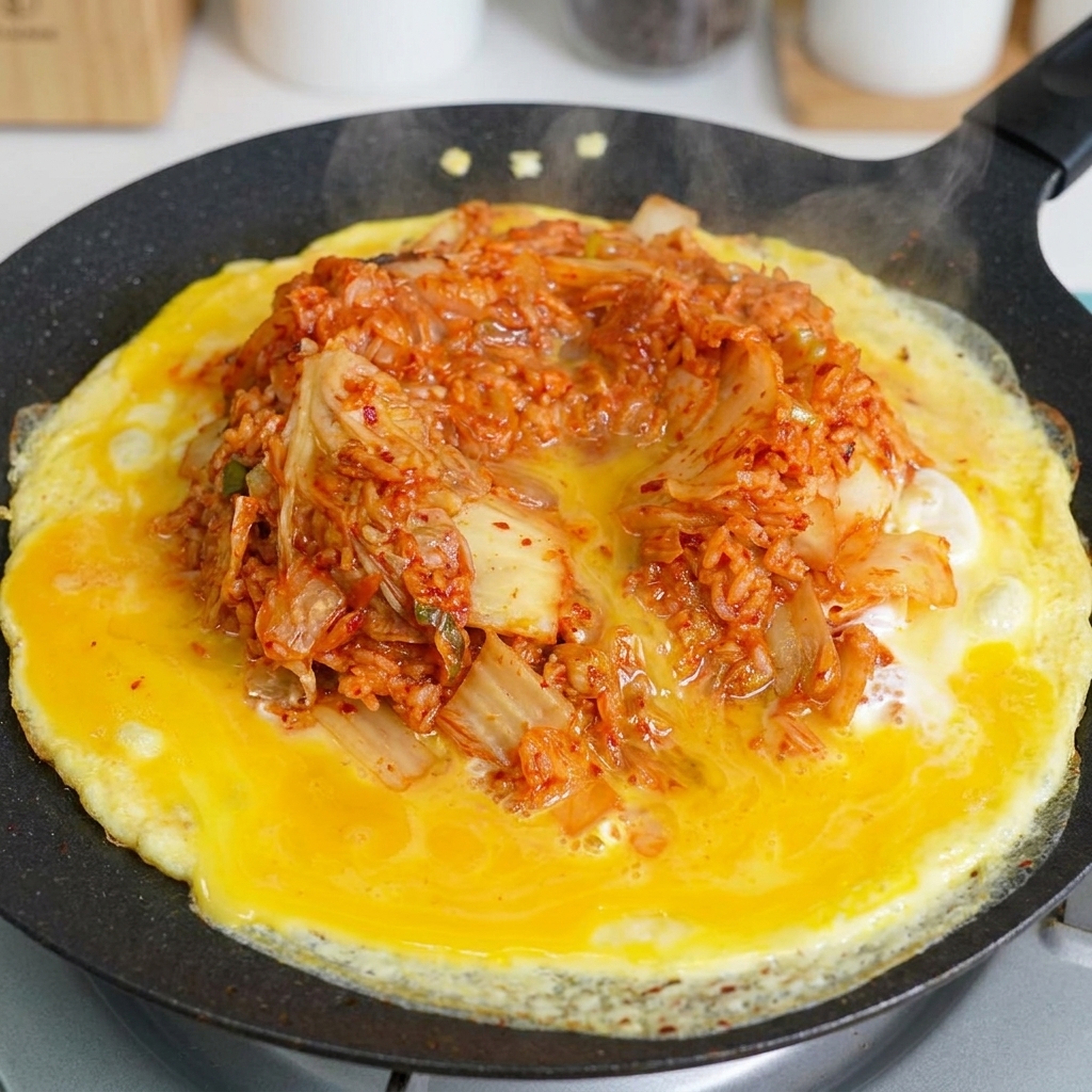 Una spatola che mescola il riso saltato al kimchi con le uova in padella.