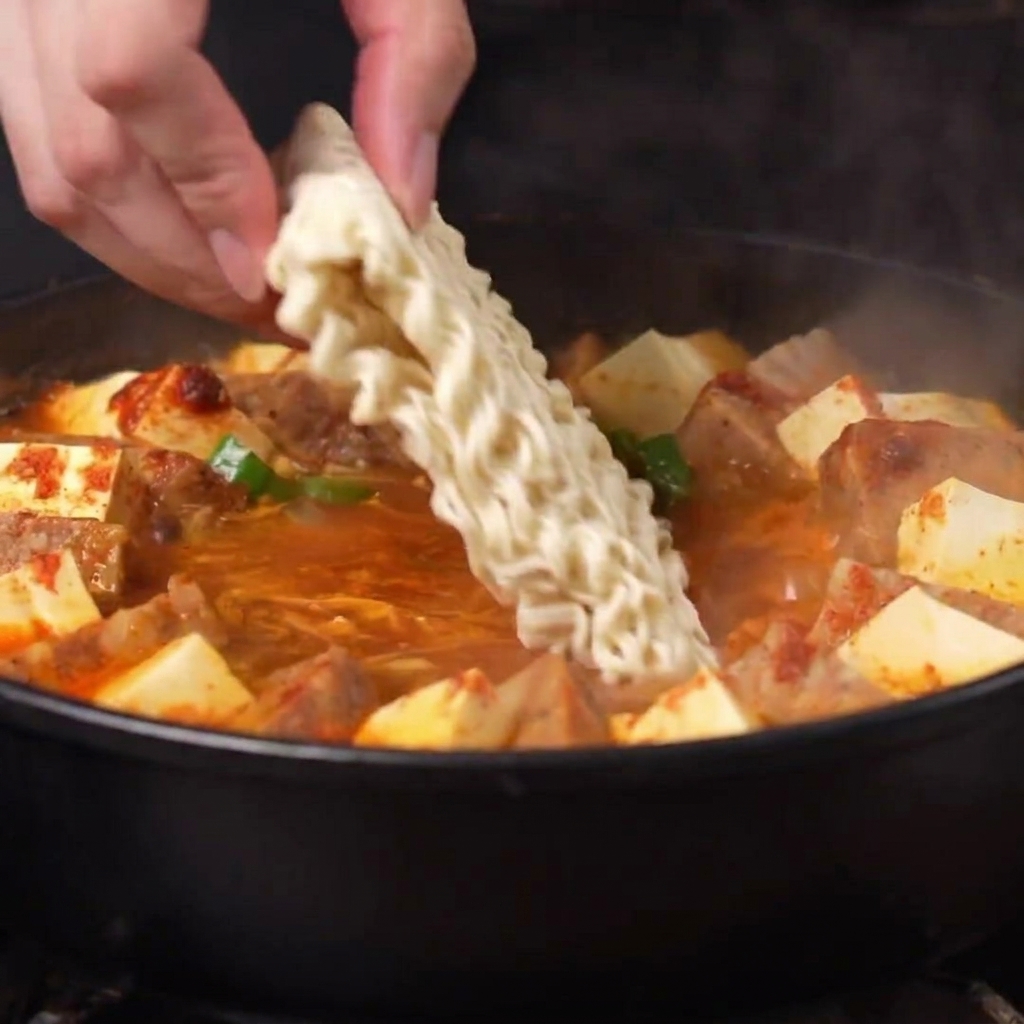 Un blocco di noodles istantanei inserito in una pentola di stufato rosso piccante.