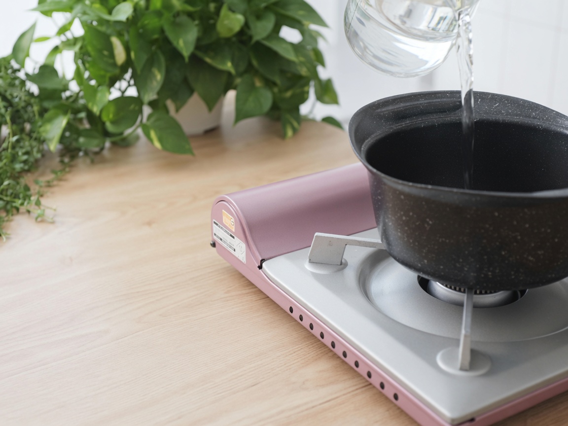 Acqua versata in una pentola nera posta su un fornello portatile rosa.