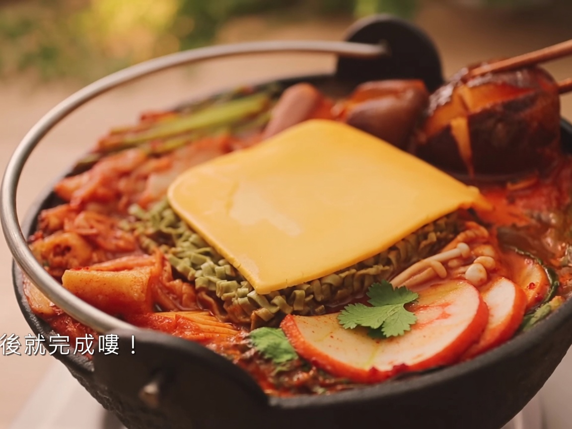 Pasta di peperoncino coreana mescolata nella base della zuppa aromatica in una pentola.