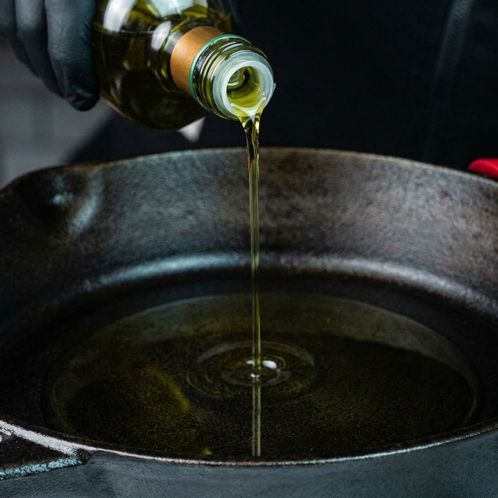 Primo piano di olio doliva che ricopre il fondo di una padella in ghisa pre-riscaldata e rovente.