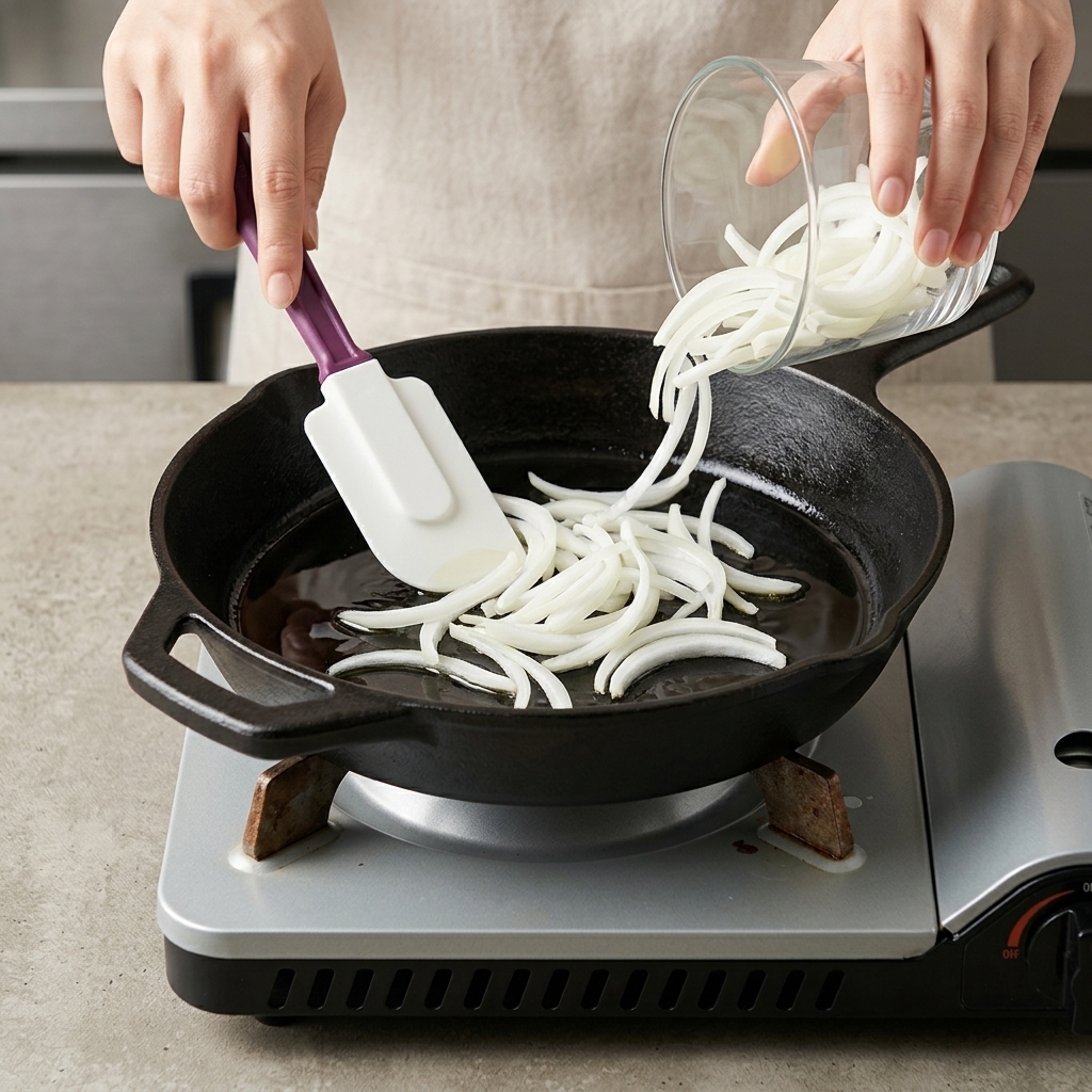 Cipolle che si ammorbidiscono e diventano dorate mentre vengono mescolate in una padella di ghisa.