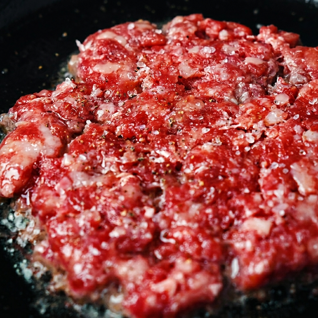 Un hamburger di carne macinata cruda e condita che sfrigola in una padella rovente in ghisa.