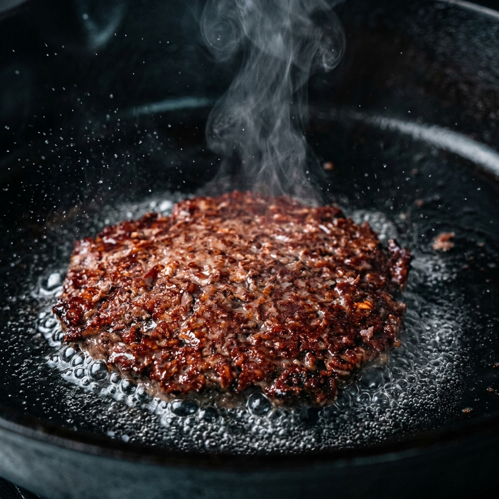 Una fetta di formaggio perfettamente fusa che ricopre un succoso hamburger di manzo rosolato in padella.