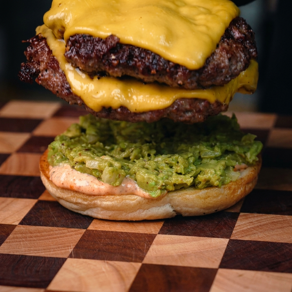 Un doppio hamburger di manzo con formaggio cheddar fuso che viene adagiato su un panino spalmato con purè di avocado.