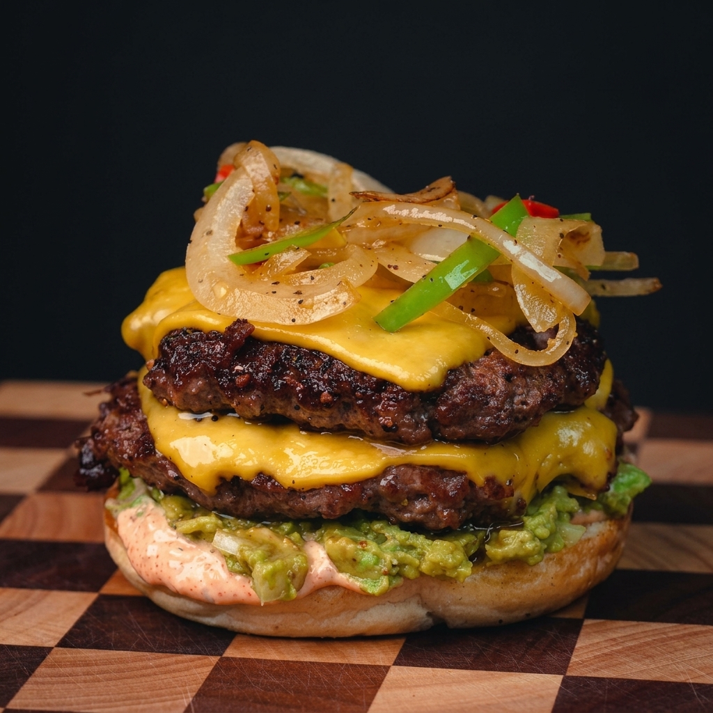 La parte superiore del panino che viene posizionata su un doppio cheeseburger completamente assemblato con cipolle e peperoni saltati.