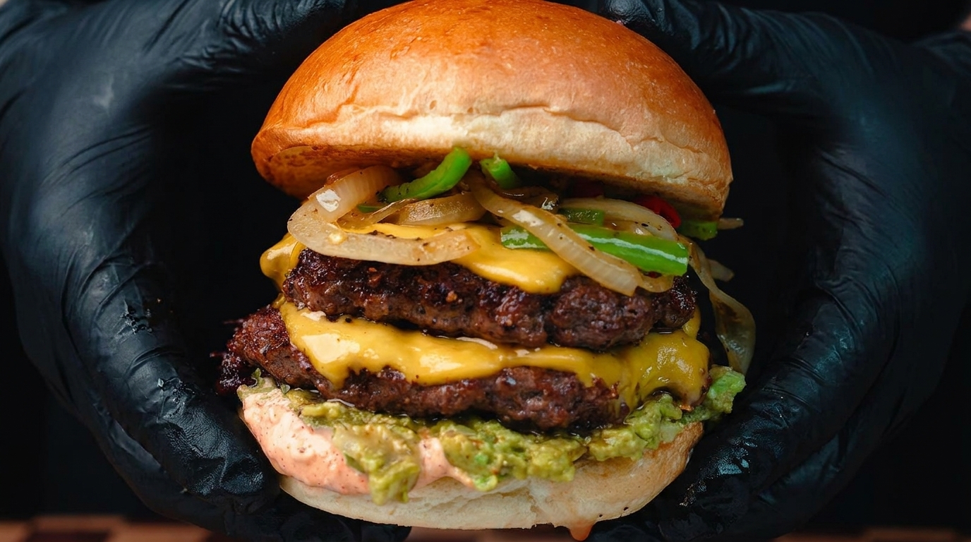 Un doppio cheeseburger con peperoni piccanti, cipolle saltate e crema di avocado, tenuto tra le mani con guanti neri.