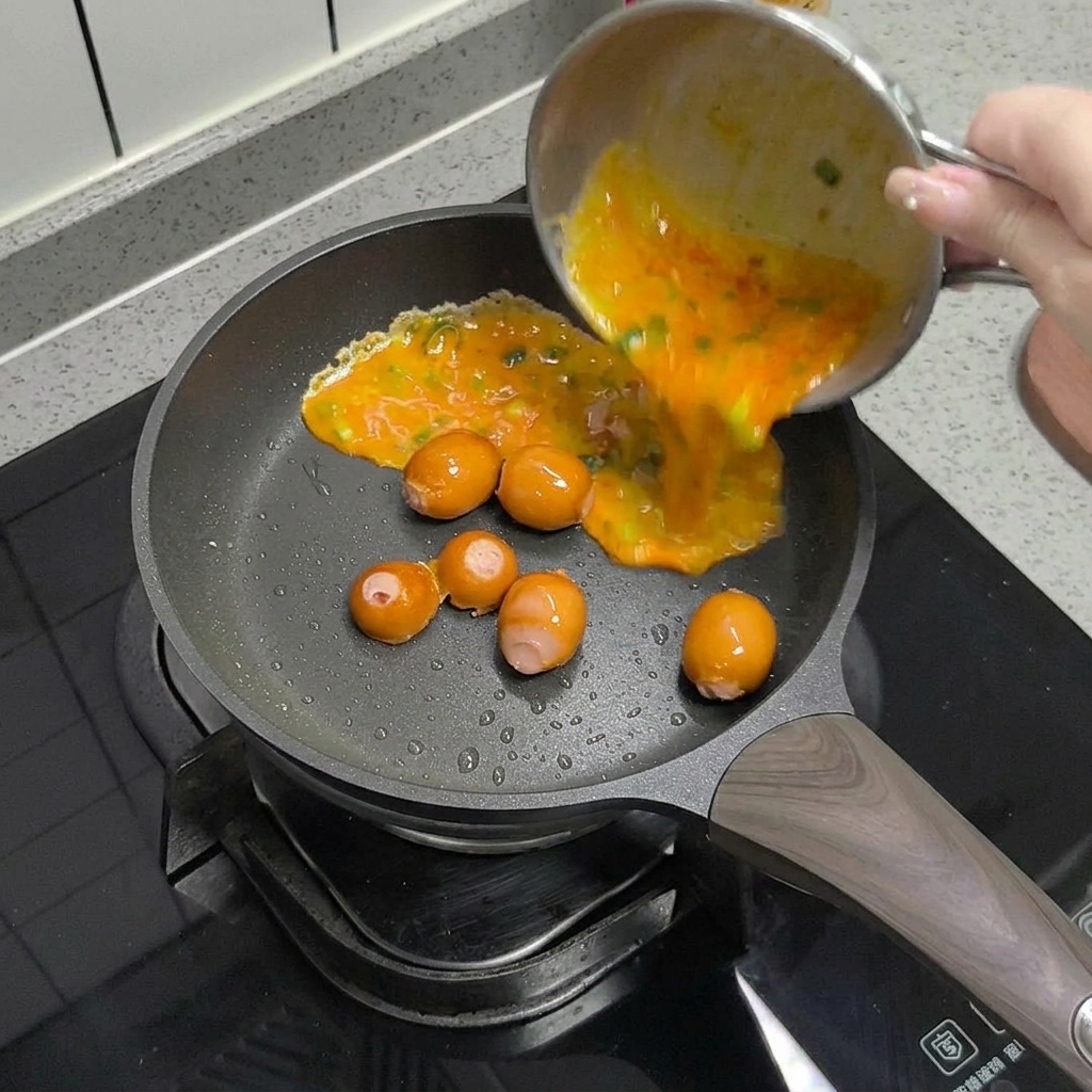 Il composto di uova versato nella padella insieme ai pezzi di salsiccia.