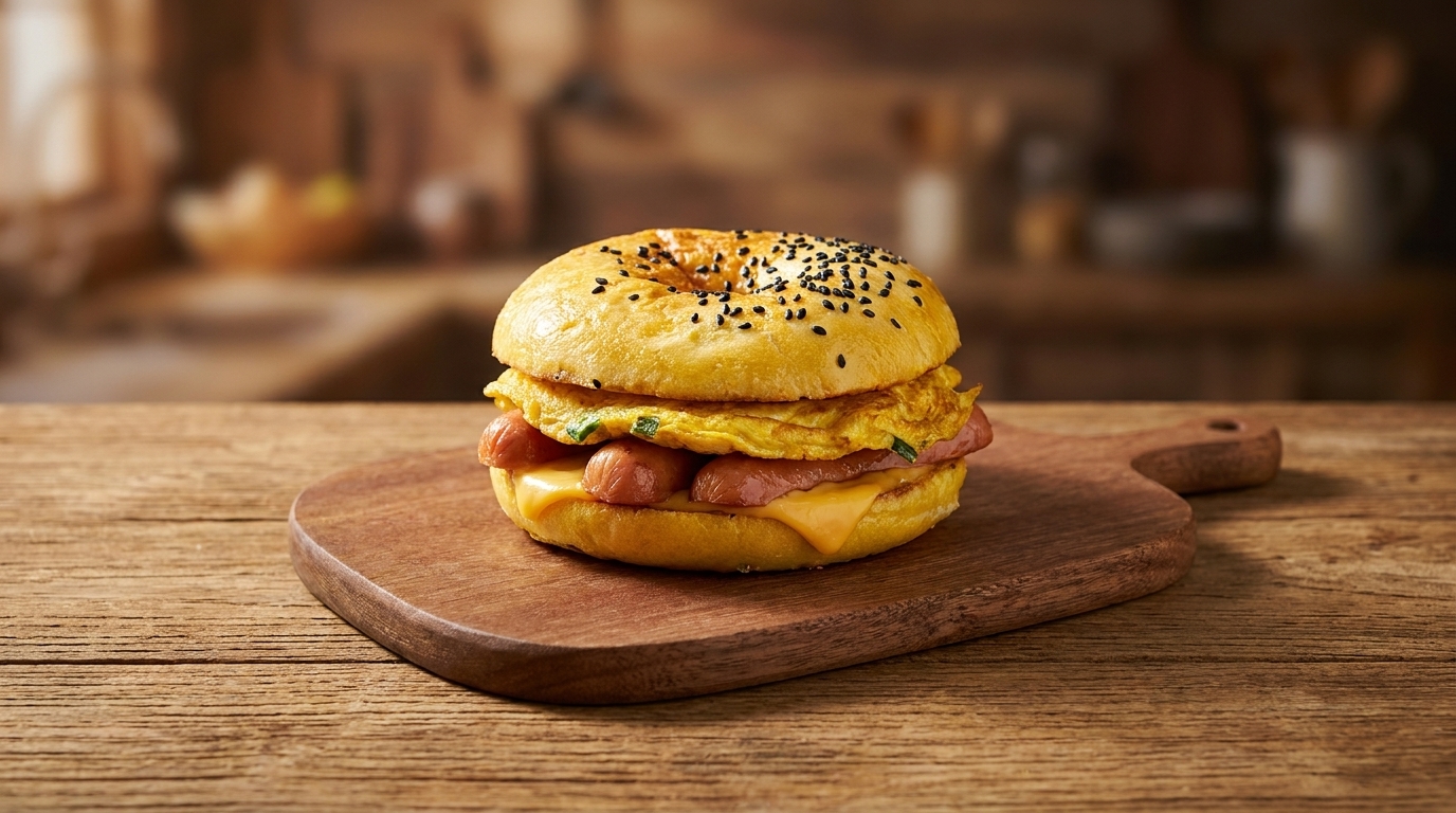 Burger per la colazione in stile cinese con uovo e salsiccia