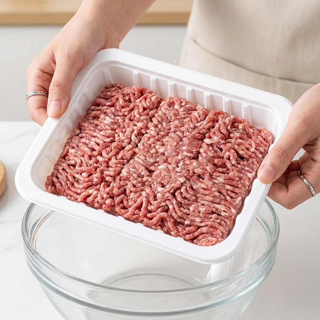 Una persona che aggiunge una vaschetta di macinato misto in una grande ciotola di vetro.