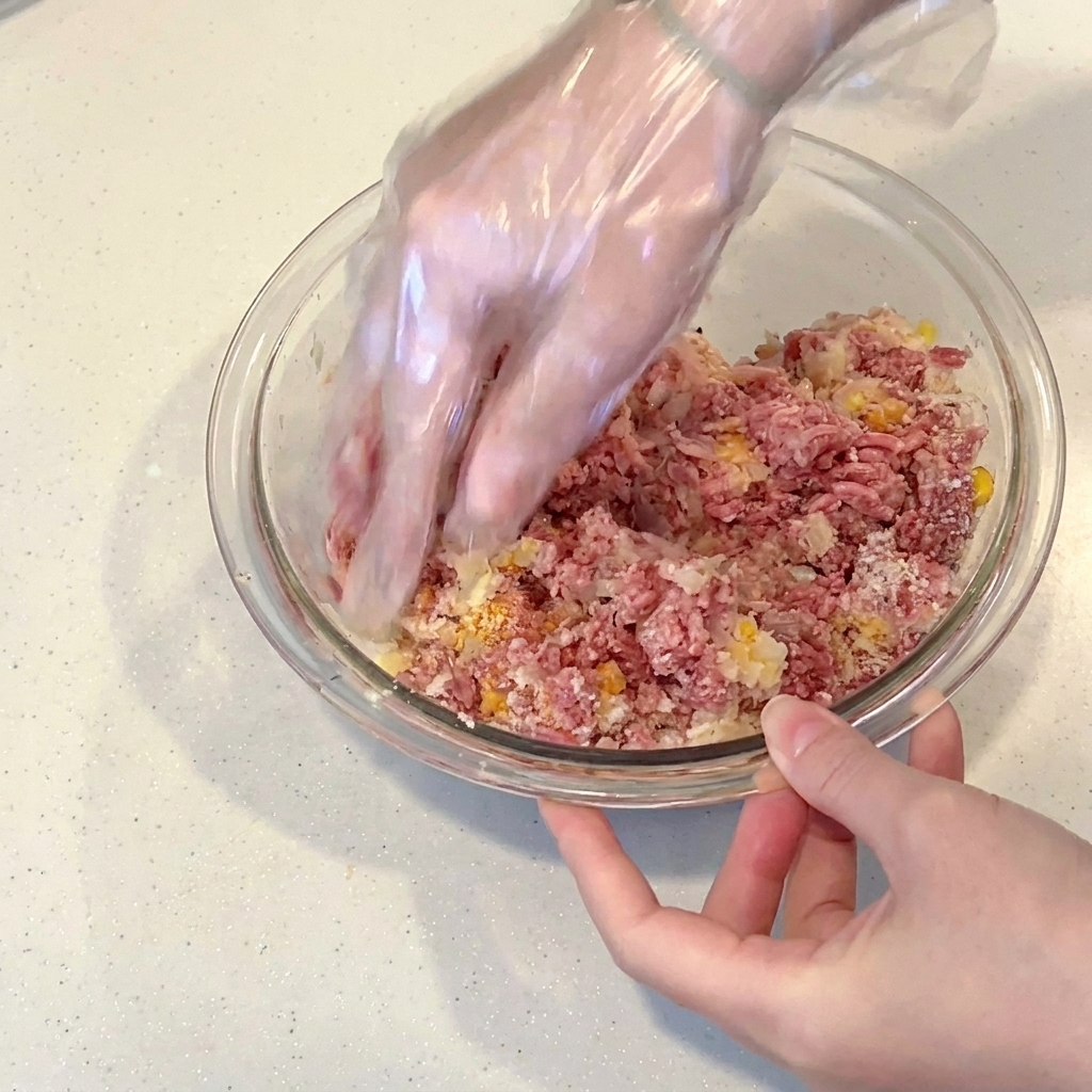 Una mano guantata che impasta e mescola la carne cruda con gli aromi in una ciotola di vetro.