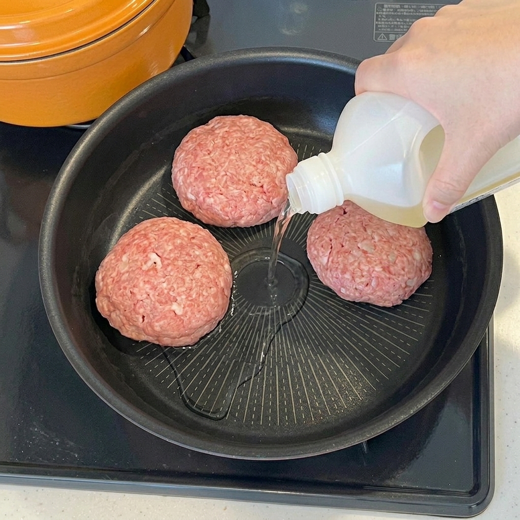 Olio di semi versato da una bottiglia in una padella contenente hamburger crudi.