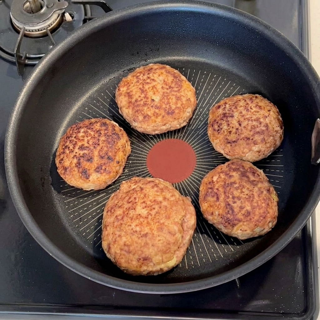 Acqua versata in una padella con hamburger rosolati allinterno.