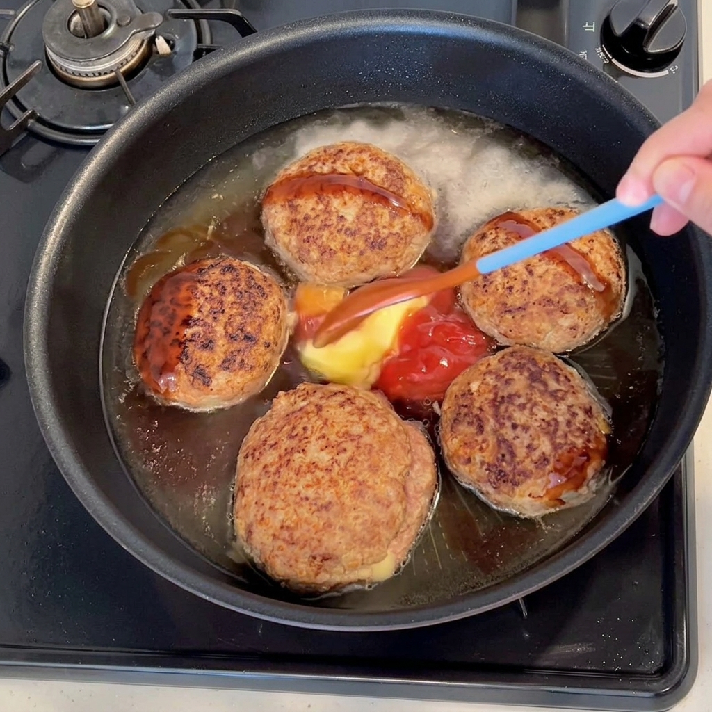 Salsa tonkatsu, ketchup, burro e aromi aggiunti alla padella con gli hamburger.