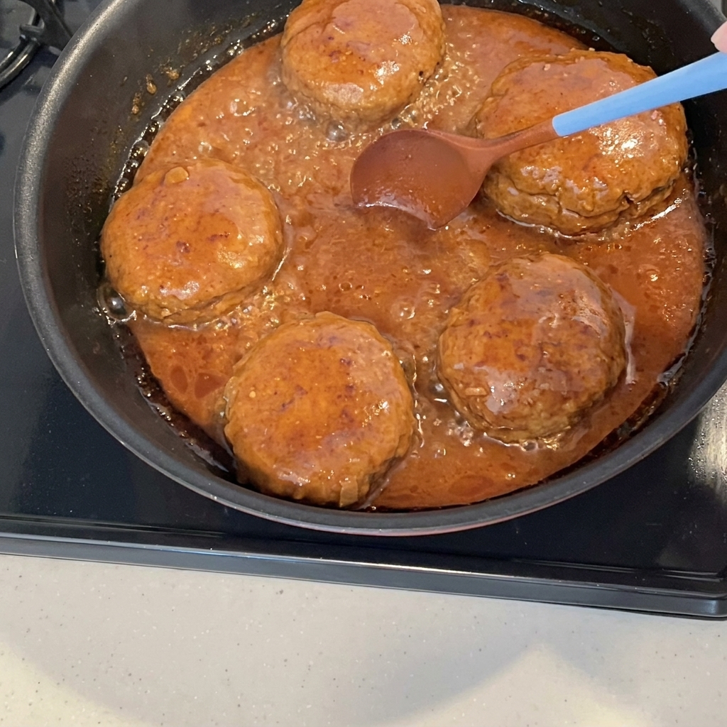 Una salsa densa e lucida che bolle in una padella con hamburger, ridotta dal calore.