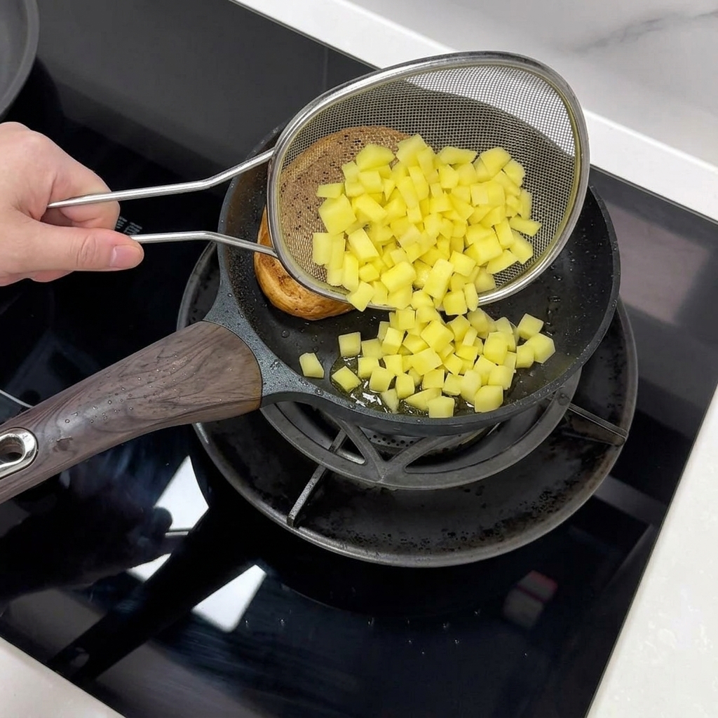 Cubetti di patate versati da un colino in una padella contenente un panino.