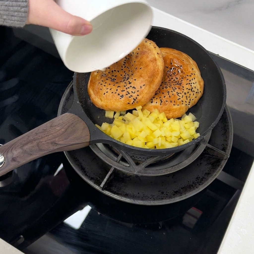 Acqua versata da una ciotolina in una padella con patate e panini.