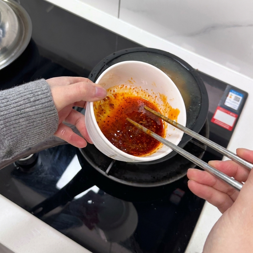 Una mano che tiene una ciotola e sbatte uova e salsa al peperoncino con le bacchette.