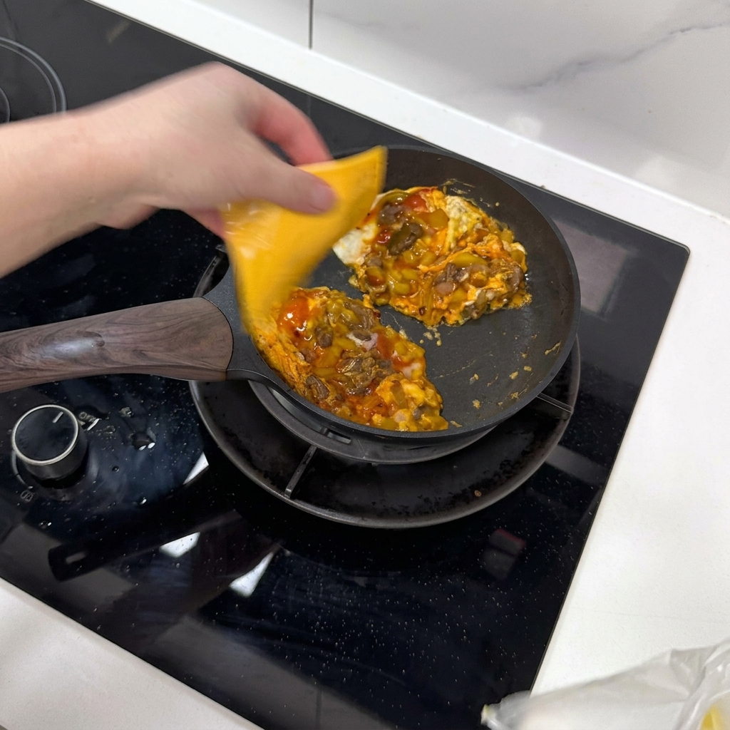 Due fette di formaggio cheddar giallo sopra due porzioni di uova e manzo in padella.